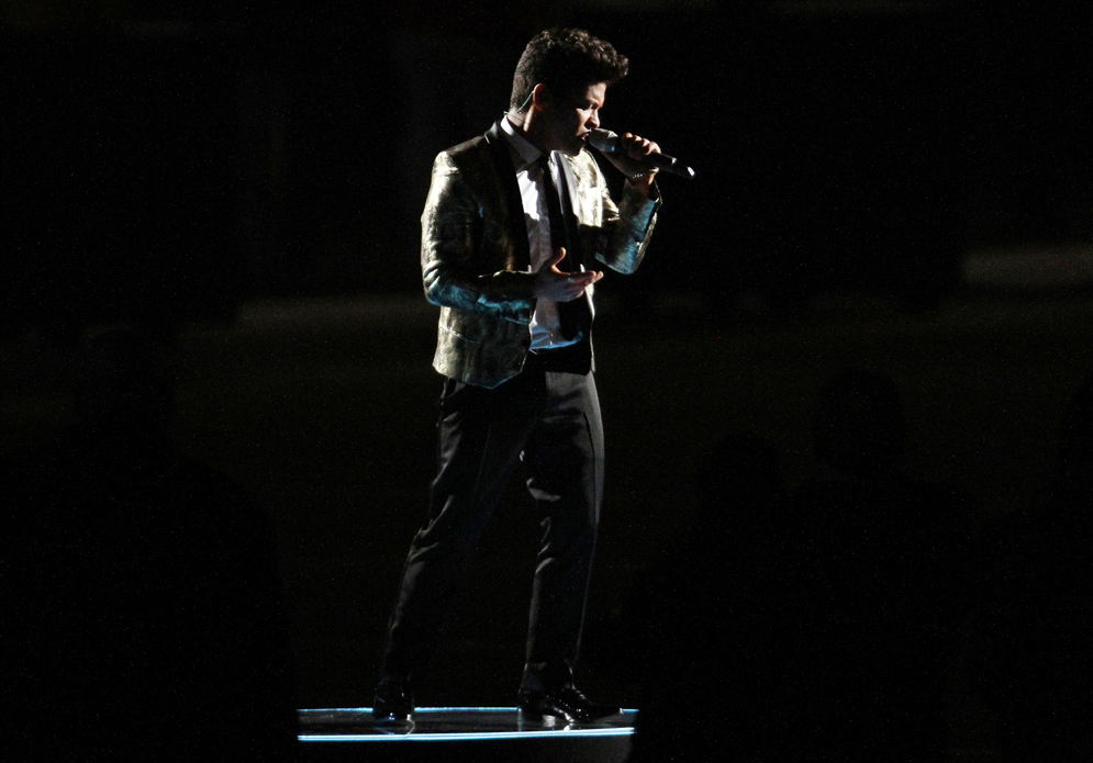 Bruno Mars performs during halftime of Super Bowl XLVIII.