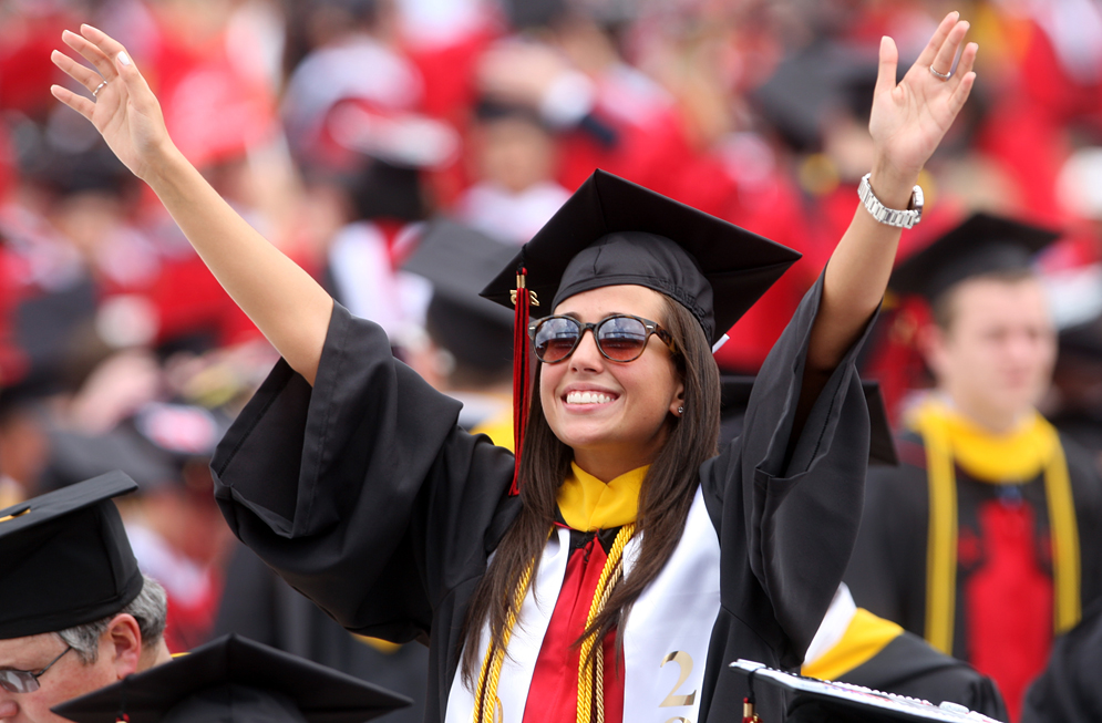 Alexa Rocha of Mountainside celebrates during Rutgers University's 249th anniversary commencement.